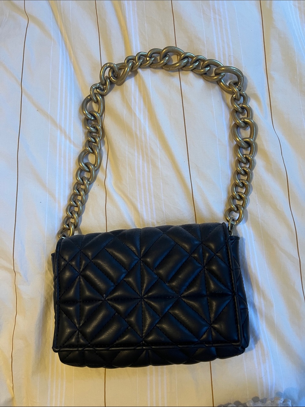 Zara Quilted Black Shoulder Bag with Gold Chain Strap